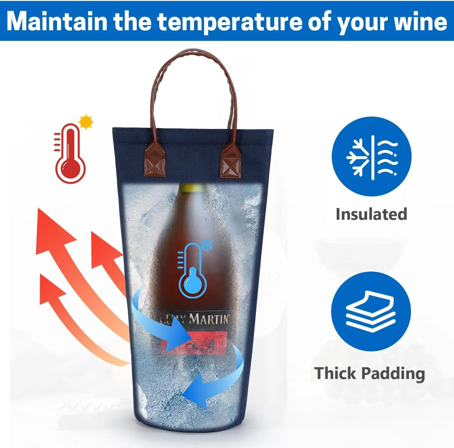 VISEMAN Single Bottle Wine Tote Bag Insulated, Wine Carrier Bag for One Bottle, Padded Wine Cooler Bag, Portable Wine Tote Bag for Wine Lovers Gift (Blue)