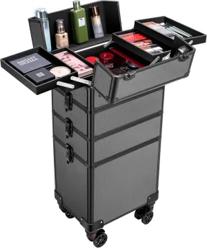 VIVOHOME 4 in 1 Makeup Rolling Train Case Aluminum Trolley Professional Cosmetic Organizer Box with Shoulder Straps 2 Keys Black(Cosmetic are not included)