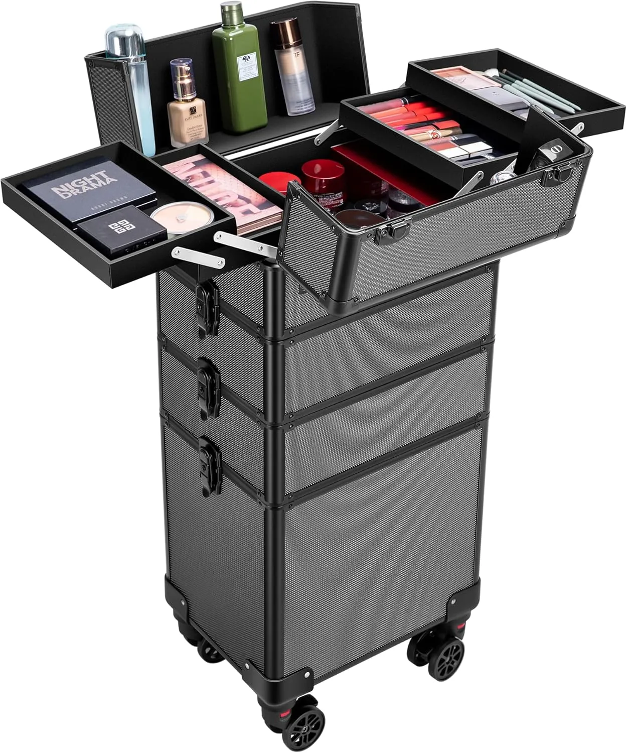 VIVOHOME 4 in 1 Makeup Rolling Train Case Aluminum Trolley Professional Cosmetic Organizer Box with Shoulder Straps 2 Keys Black(Cosmetic are not included)
