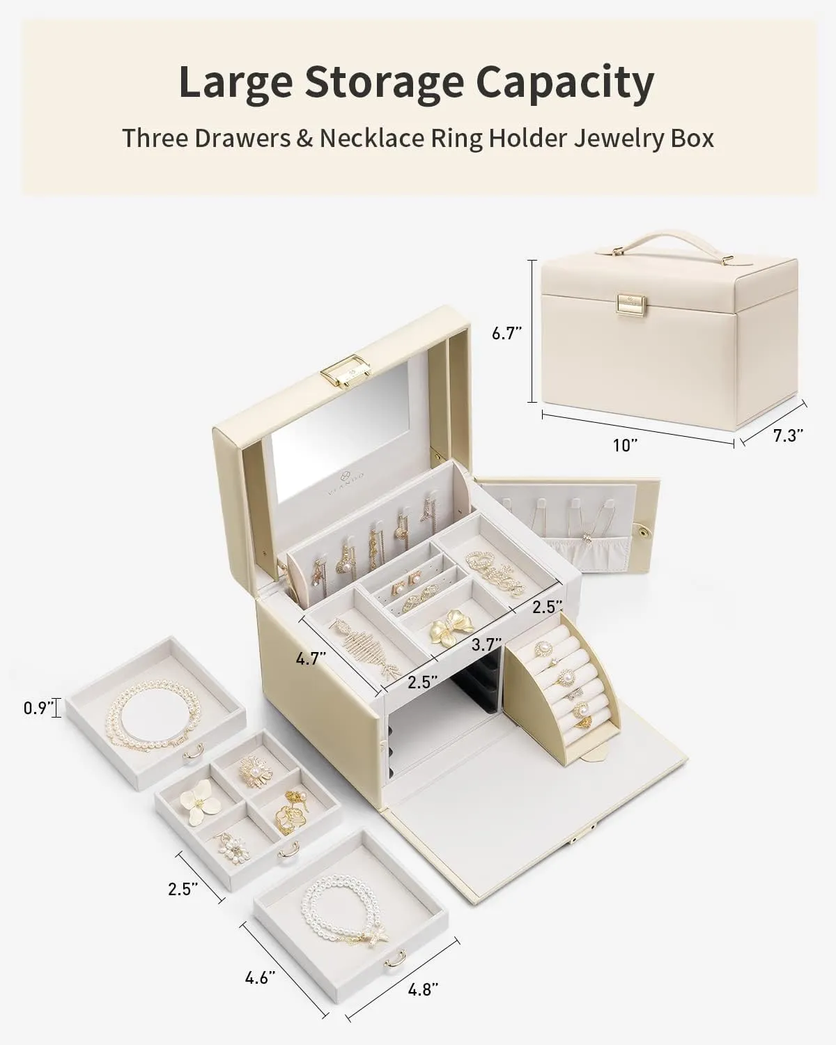 Vlando Jewelry Box Organizer for Girls Women, Large Jewelry Holder Organizer with Mirror, 3 Drawers for Bracelets, Earrings, Rings, Necklaces, Mothers Day Gifts for Loved One, Apricot White