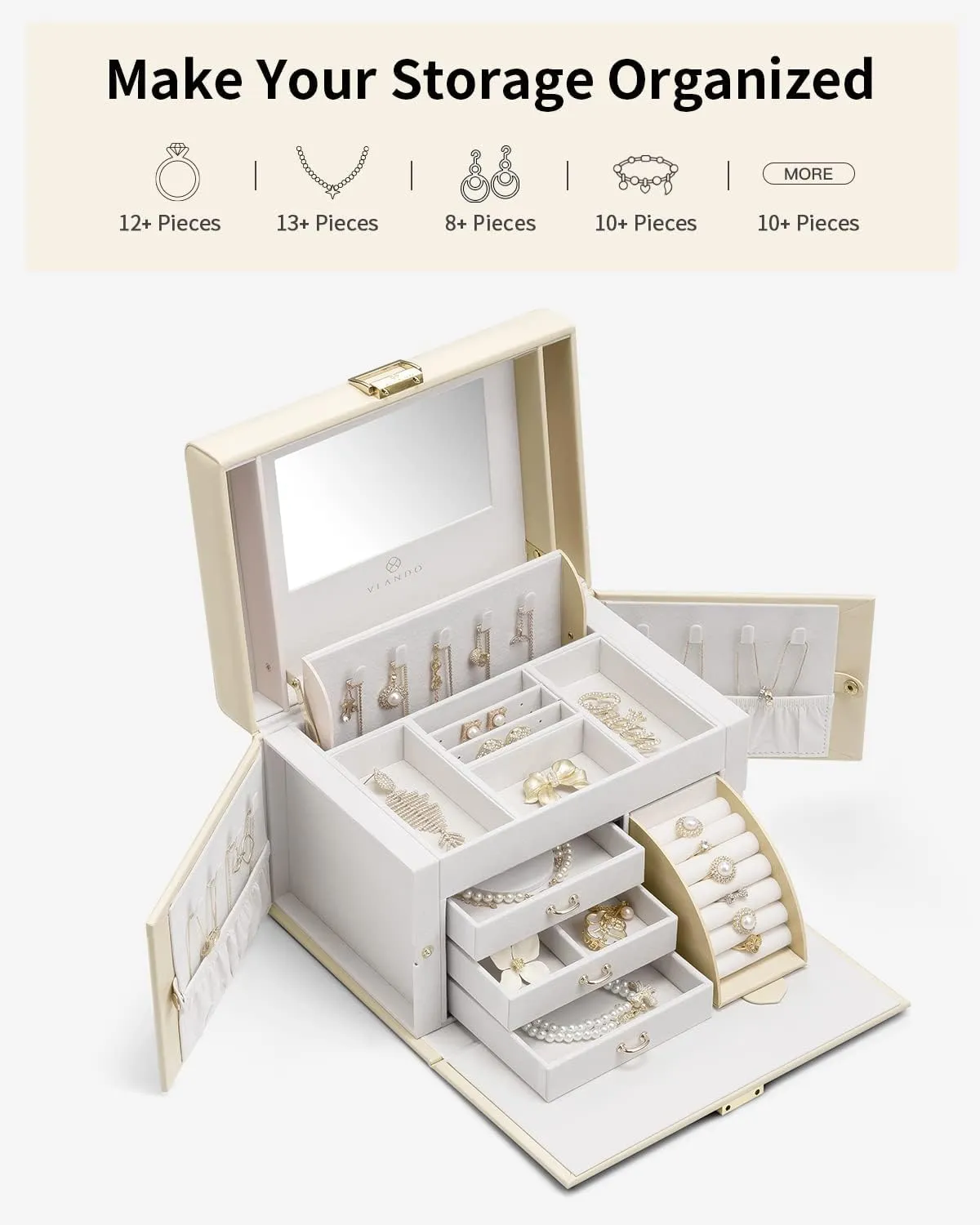 Vlando Jewelry Box Organizer for Girls Women, Large Jewelry Holder Organizer with Mirror, 3 Drawers for Bracelets, Earrings, Rings, Necklaces, Mothers Day Gifts for Loved One, Apricot White