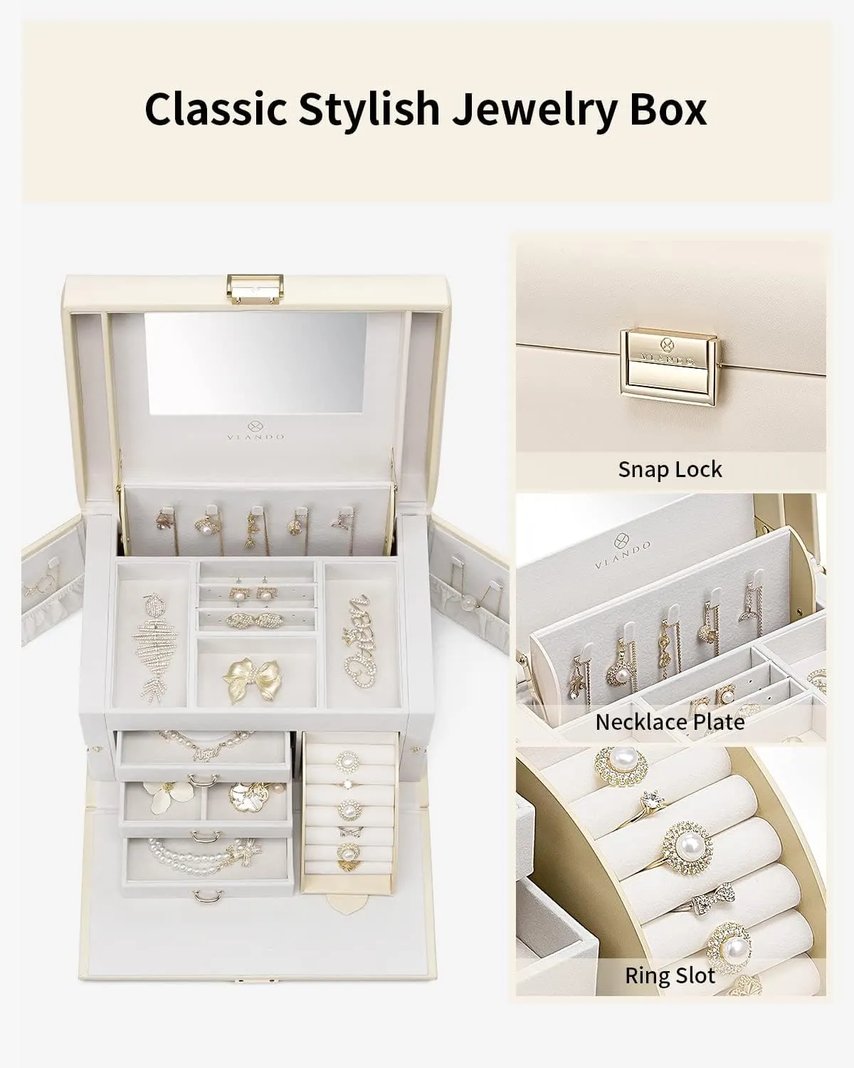 Vlando Jewelry Box Organizer for Girls Women, Large Jewelry Holder Organizer with Mirror, 3 Drawers for Bracelets, Earrings, Rings, Necklaces, Mothers Day Gifts for Loved One, Apricot White