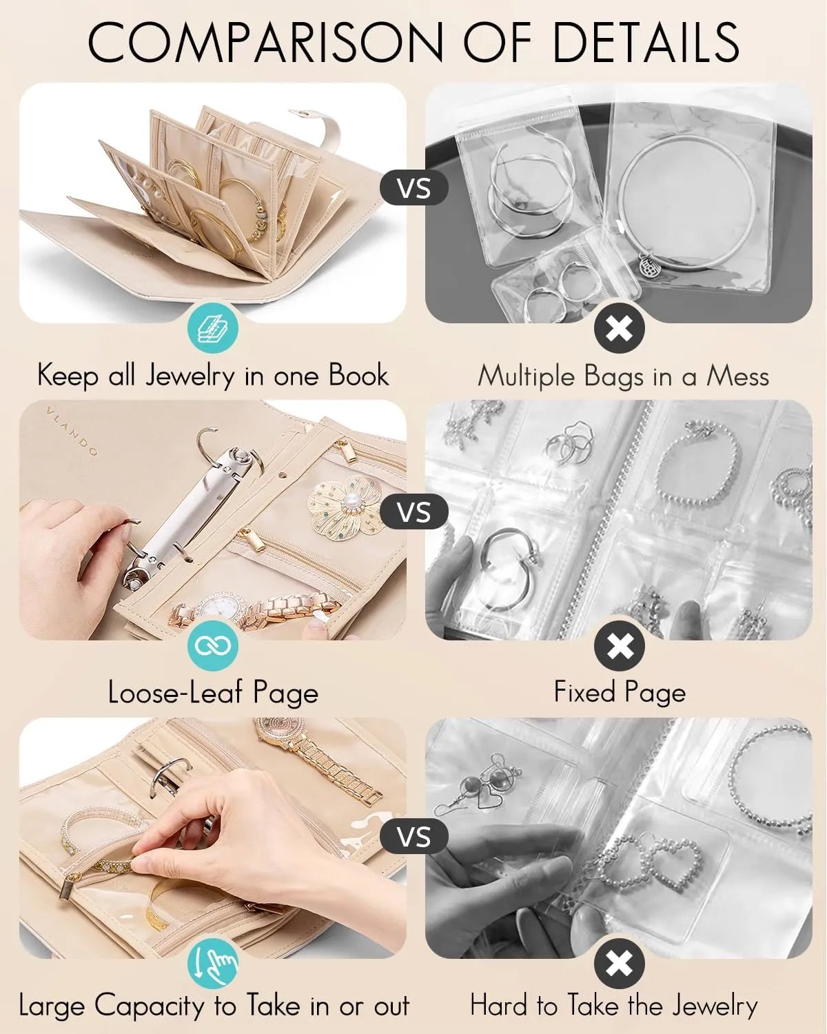 Vlando Teacher Gifts for Women,Travel Jewelry Organizer Case,Jewelry Storage Book Ring Binder with Clear Zipper Velvet Jewelry Pouches Bags for Rings,Necklace,Earrings-Cream White