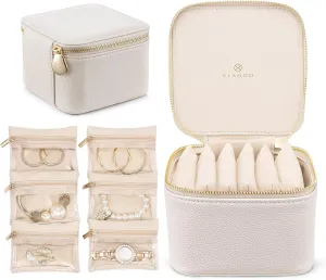 Vlando Travel Jewelry Box Organizer - 6 Small Velvet Zipped Pouches Pockets for Jewelries Necklaces Rings Earrings Sorting Storage, Offwhite