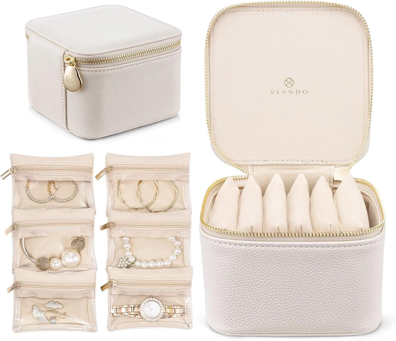 Vlando Travel Jewelry Box Organizer - 6 Small Velvet Zipped Pouches Pockets for Jewelries Necklaces Rings Earrings Sorting Storage, Offwhite