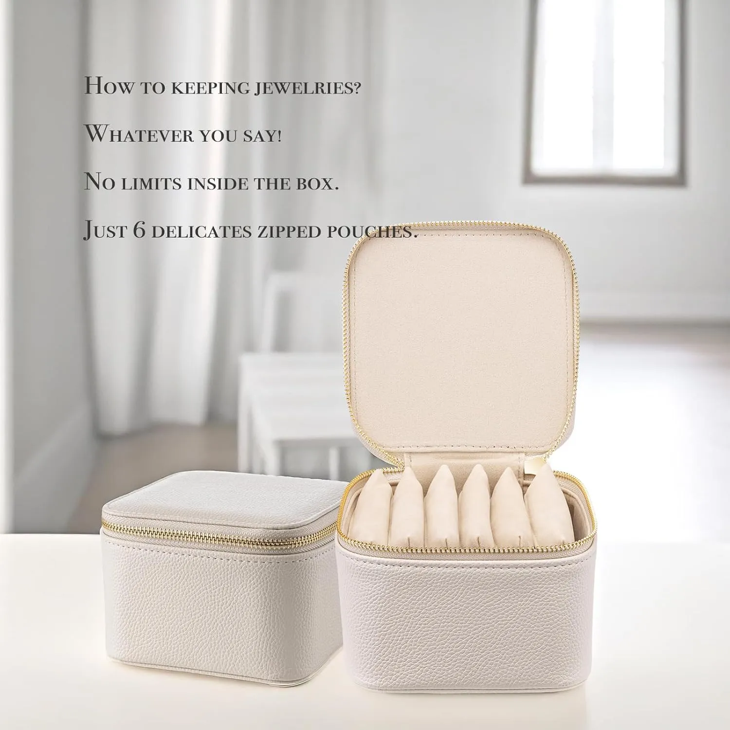 Vlando Travel Jewelry Box Organizer - 6 Small Velvet Zipped Pouches Pockets for Jewelries Necklaces Rings Earrings Sorting Storage, Offwhite