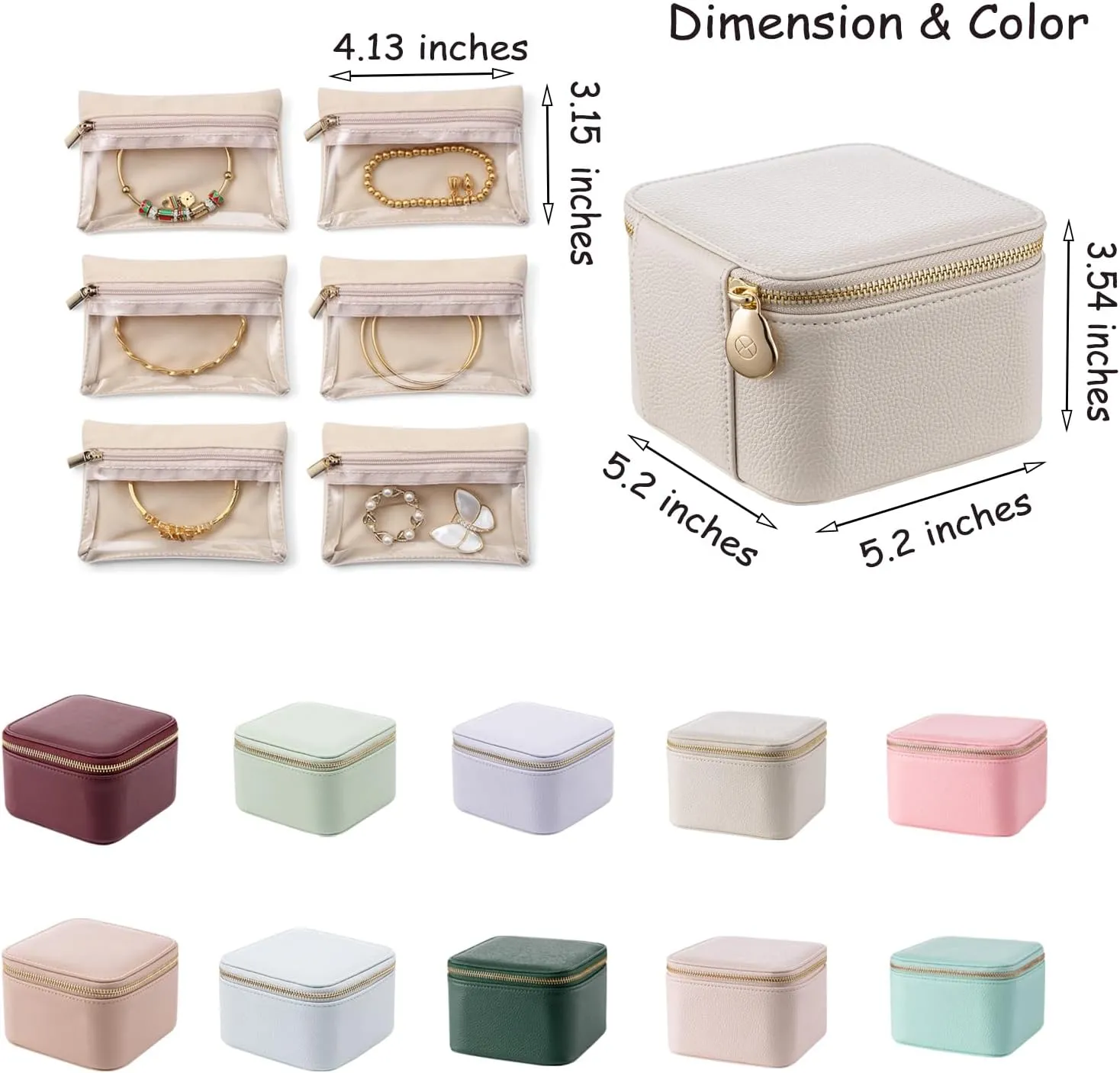 Vlando Travel Jewelry Box Organizer - 6 Small Velvet Zipped Pouches Pockets for Jewelries Necklaces Rings Earrings Sorting Storage, Offwhite