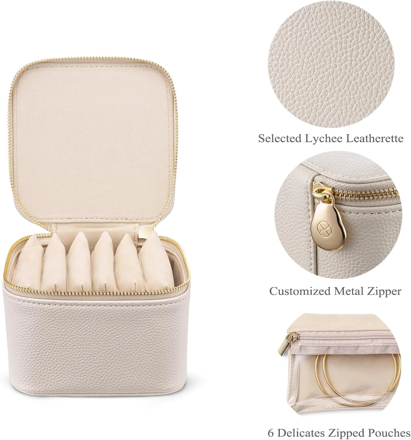Vlando Travel Jewelry Box Organizer - 6 Small Velvet Zipped Pouches Pockets for Jewelries Necklaces Rings Earrings Sorting Storage, Offwhite