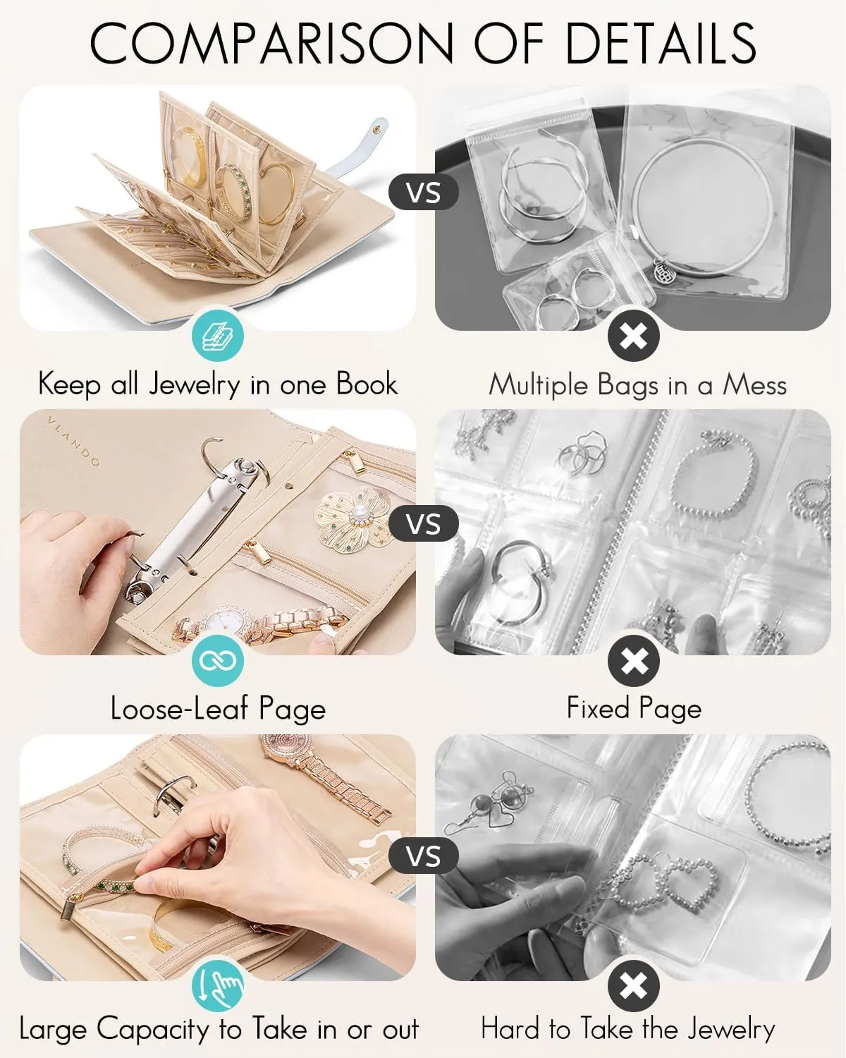 Vlando Travel Jewelry Organizer Case, Foldable Jewelry Bags Jewelry Storage Book Ring Binder with Clear Zipper Velvet Pouch Bag for Travel Essentials,Rings,Necklace,Earrings,Bracelets-Blue