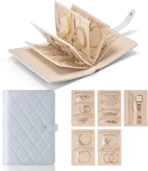 Vlando Travel Jewelry Organizer Case, Foldable Jewelry Bags Jewelry Storage Book Ring Binder with Clear Zipper Velvet Pouch Bag for Travel Essentials,Rings,Necklace,Earrings,Bracelets-Blue