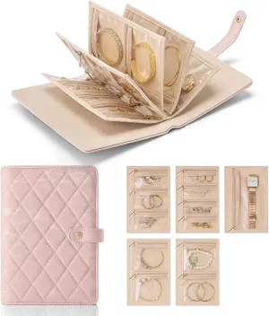 Vlando Travel Jewelry Organizer Case,Jewelry Storage Book Ring Binder with Clear Zipper Velvet Pouch Bag for Travel Essentials,Rings,Necklace,Earrings,Bracelets,Brooches,Gifts for Women-Sand Pink