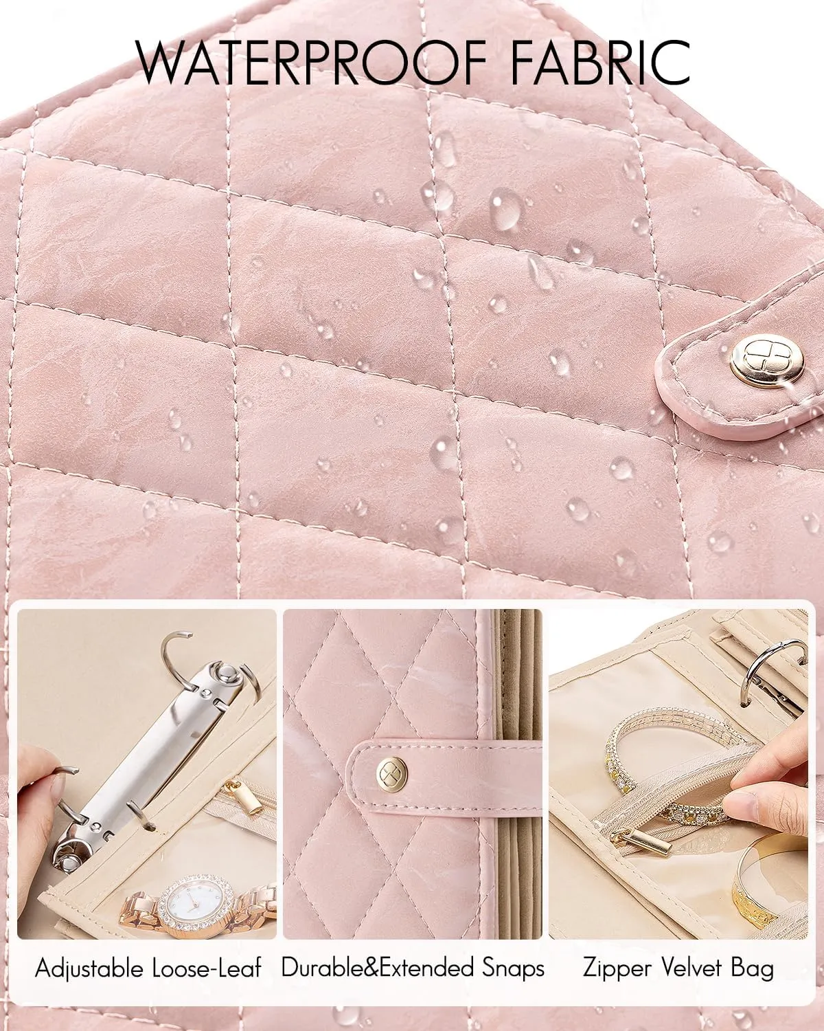 Vlando Travel Jewelry Organizer Case,Jewelry Storage Book Ring Binder with Clear Zipper Velvet Pouch Bag for Travel Essentials,Rings,Necklace,Earrings,Bracelets,Brooches,Gifts for Women-Sand Pink