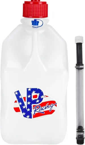 VP Racing 5.5 Gal. Square Patriotic Motorsport Container w/ 14 Inch Deluxe Filler Hose Close-Trimmed Cap and Neck for Tighter Seal
