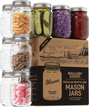 Wallaby 16oz Regular Mouth Clear Mason Jars with Lid & Seal Bands - Airtight Glass Container for Canning, Pickling, Food Storage, Candles, Home Decor, Overnight Oats, Fruit, Jam, Jelly, DIY (12-Pack)