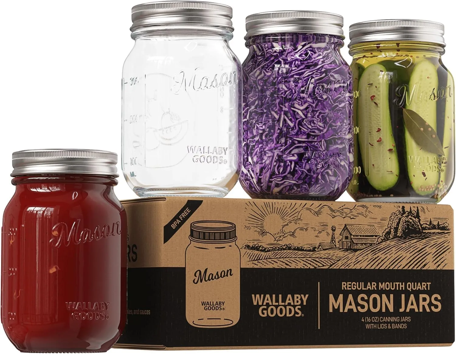 Wallaby 16oz Regular Mouth Clear Mason Jars with Lid & Seal Bands - Airtight Glass Container for Canning, Pickling, Food Storage, Candles, Home Decor, Overnight Oats, Fruit, Jam, Jelly or DIY (4-Pack)