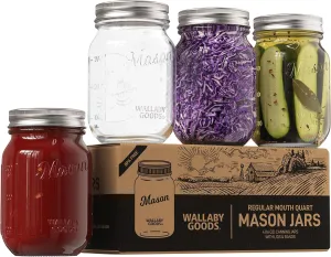 Wallaby 16oz Regular Mouth Clear Mason Jars with Lid & Seal Bands - Airtight Glass Container for Canning, Pickling, Food Storage, Candles, Home Decor, Overnight Oats, Fruit, Jam, Jelly or DIY (4-Pack)