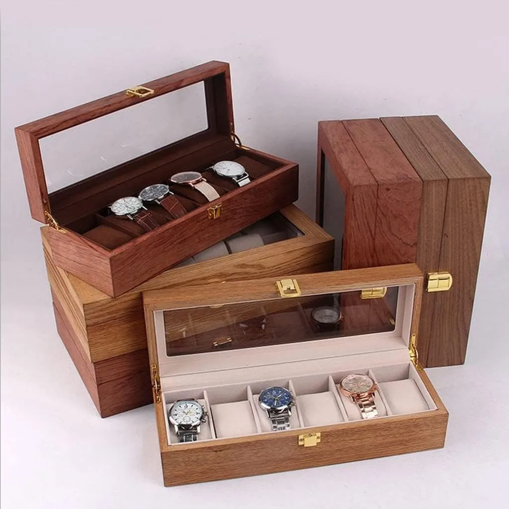 Watch Box Watch Case Watch Display Wooden Watch Box Case Organizer Watch Holder For Watches Men Jewelry Organizer Box 6 Slots Wood Box With Clear Glass Watch Organizer For Men(A)