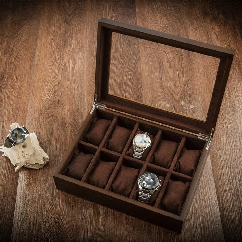 Watch Display Box Wooden Jewelry Storage Box Glass Sunroof Brown 10 Grids