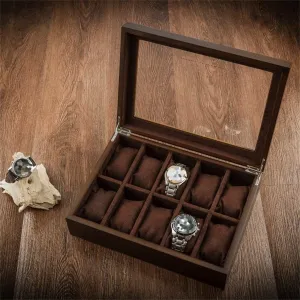 Watch Display Box Wooden Jewelry Storage Box Glass Sunroof Brown 10 Grids