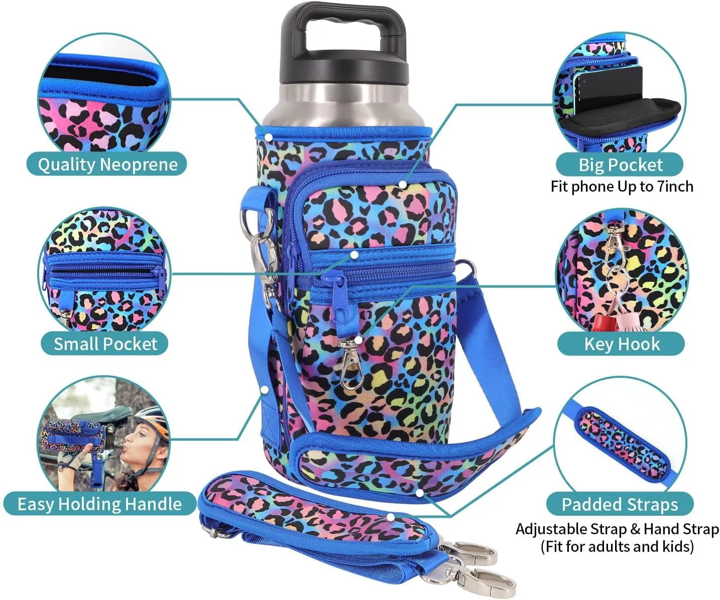 Water Bottle Holder Sling Bag Sleeve Carrier 32oz 40oz 64oz, Insulated Crossbody Water Bottle Case Cover with Padded Strap and 2 Pockets for Walking Hiking Camping