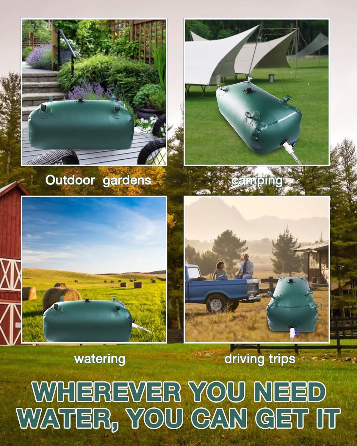 Water Storage Bladder with Graduated Visible, Large Capacity Water Storage Containers, PVC Water Tank with Valve and Overflow Kit, Foldable Tank for Outdoor and Emergencies 29gal/110L, Green