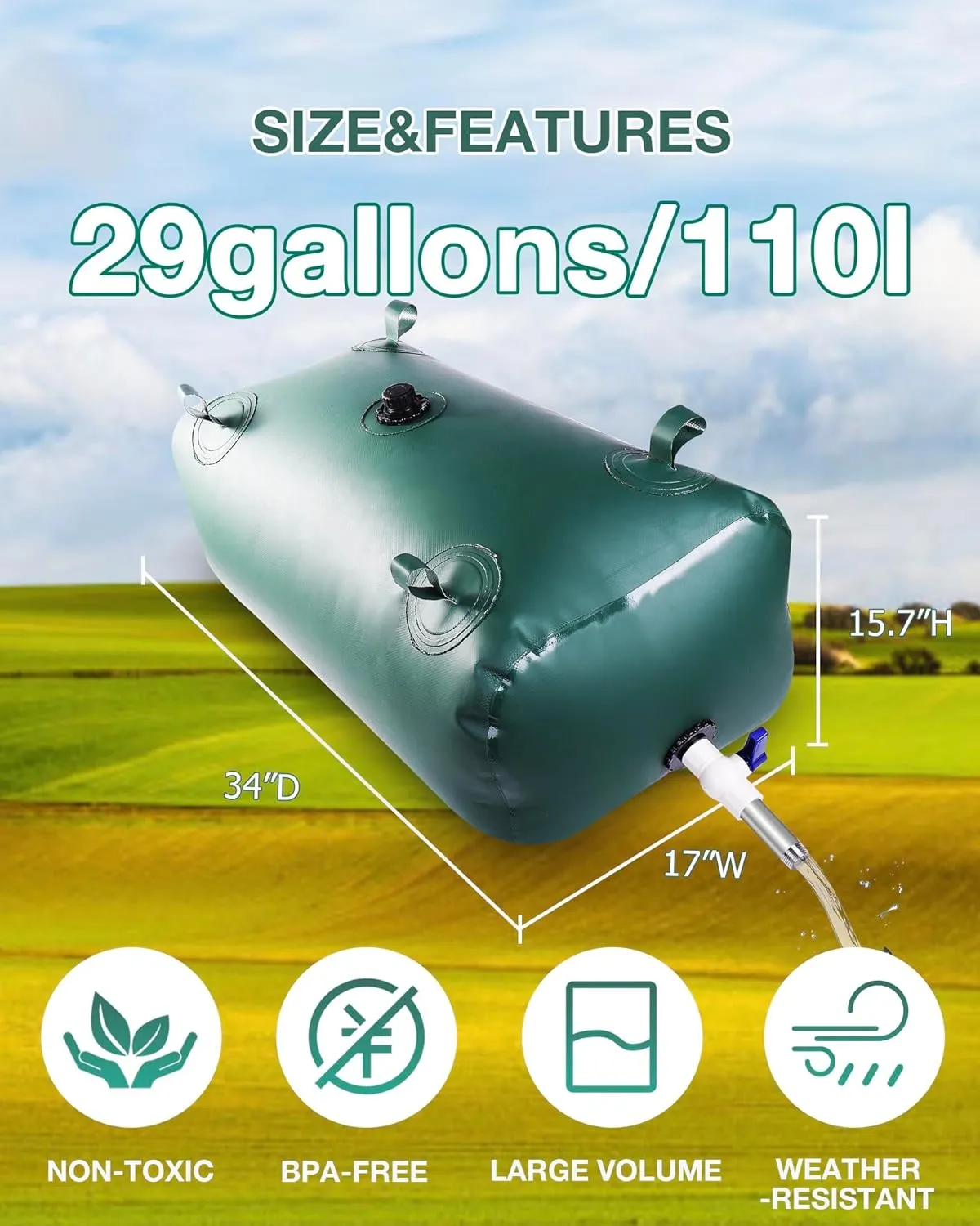 Water Storage Bladder with Graduated Visible, Large Capacity Water Storage Containers, PVC Water Tank with Valve and Overflow Kit, Foldable Tank for Outdoor and Emergencies 29gal/110L, Green