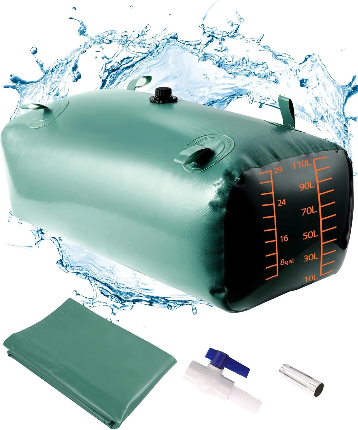 Water Storage Bladder with Graduated Visible, Large Capacity Water Storage Containers, PVC Water Tank with Valve and Overflow Kit, Foldable Tank for Outdoor and Emergencies 29gal/110L, Green