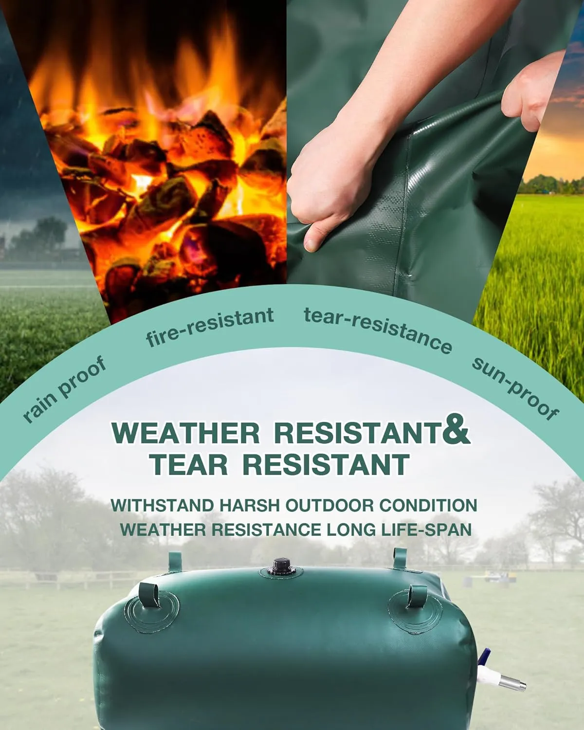 Water Storage Bladder with Graduated Visible, Large Capacity Water Storage Containers, PVC Water Tank with Valve and Overflow Kit, Foldable Tank for Outdoor and Emergencies 29gal/110L, Green