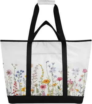 Watercolor Flowers Butterflies Reusable Insulated Lunchbox Cooler Bag, Leakproof Kitchen Grocery Bag Collapsible Portable Cooler Tote Bag for Picnic, Camping, Office, Travel