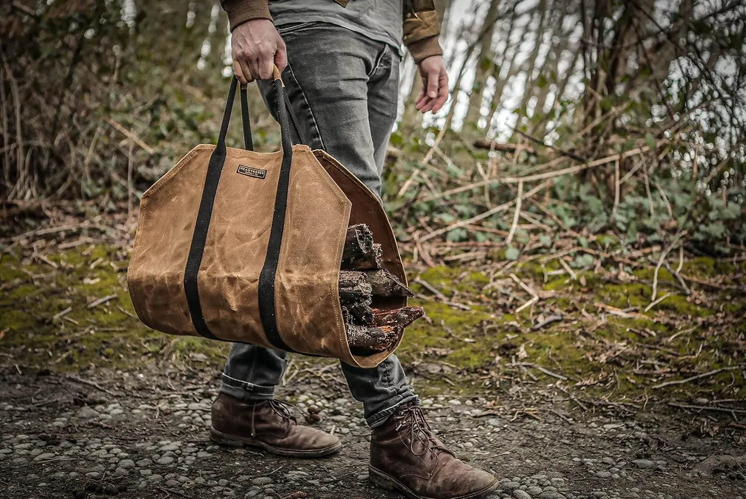 Waxed Canvas Firewood Carrier, Heavy Duty Log Carrier for Firewood, Wood Carrier for Firewood, Classic Durable Design Tan