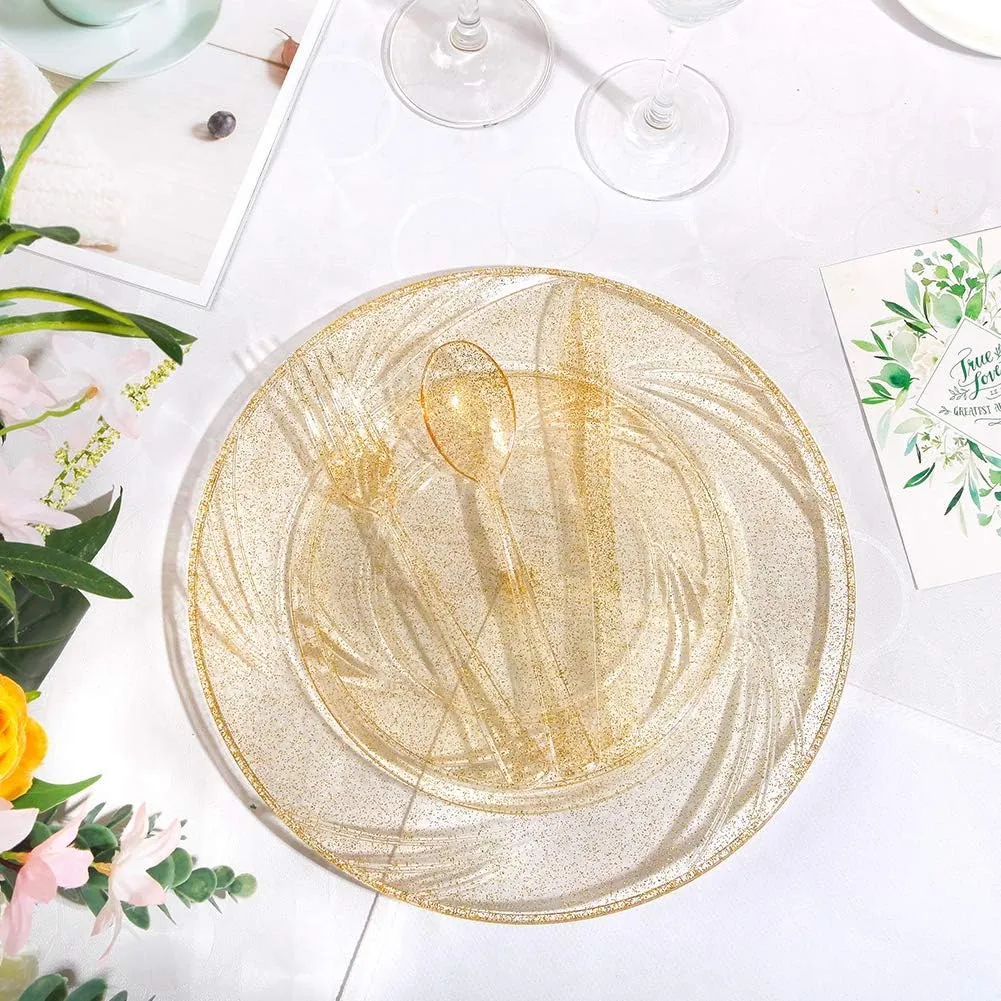WDF 150pcs Gold Glitter Plastic Plates with Gold Plastic Silverware - Gold Glitter Plates include 25 Dinner Plates,25 Salad Plates,25 Forks, 25 Knives, 25 Spoons,10oz Plastic Cups for Wedding, Party