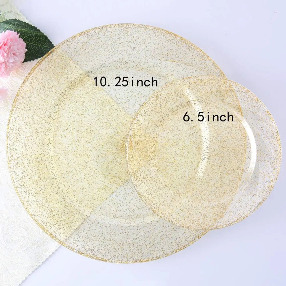 WDF 150pcs Gold Glitter Plastic Plates with Gold Plastic Silverware - Gold Glitter Plates include 25 Dinner Plates,25 Salad Plates,25 Forks, 25 Knives, 25 Spoons,10oz Plastic Cups for Wedding, Party
