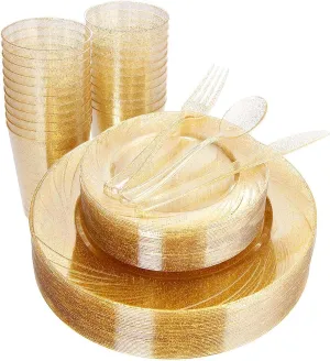 WDF 150pcs Gold Glitter Plastic Plates with Gold Plastic Silverware - Gold Glitter Plates include 25 Dinner Plates,25 Salad Plates,25 Forks, 25 Knives, 25 Spoons,10oz Plastic Cups for Wedding, Party