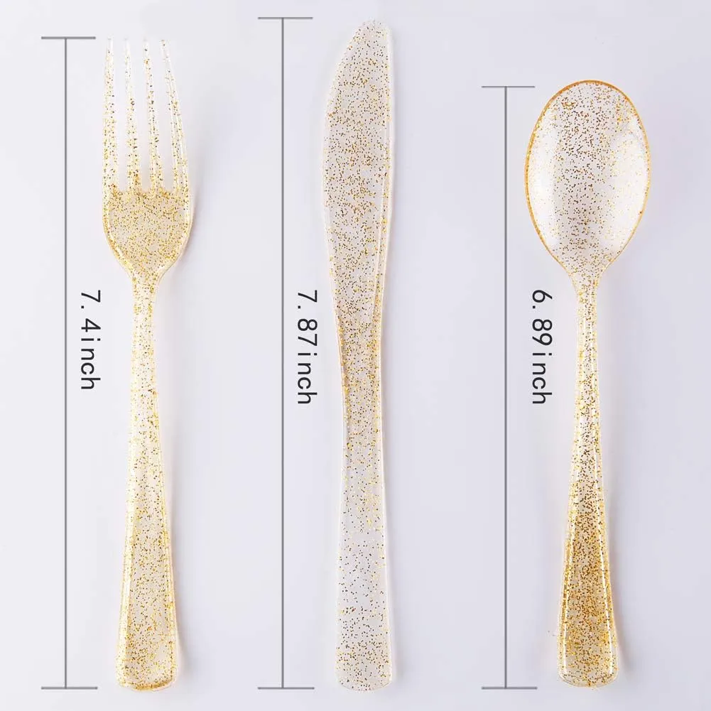 WDF 150pcs Gold Glitter Plastic Plates with Gold Plastic Silverware - Gold Glitter Plates include 25 Dinner Plates,25 Salad Plates,25 Forks, 25 Knives, 25 Spoons,10oz Plastic Cups for Wedding, Party