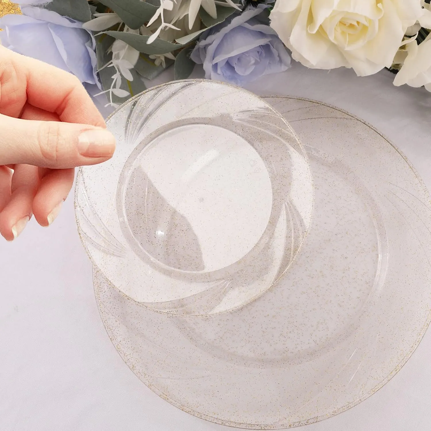 WDF 150pcs Gold Glitter Plastic Plates with Gold Plastic Silverware - Gold Glitter Plates include 25 Dinner Plates,25 Salad Plates,25 Forks, 25 Knives, 25 Spoons,10oz Plastic Cups for Wedding, Party