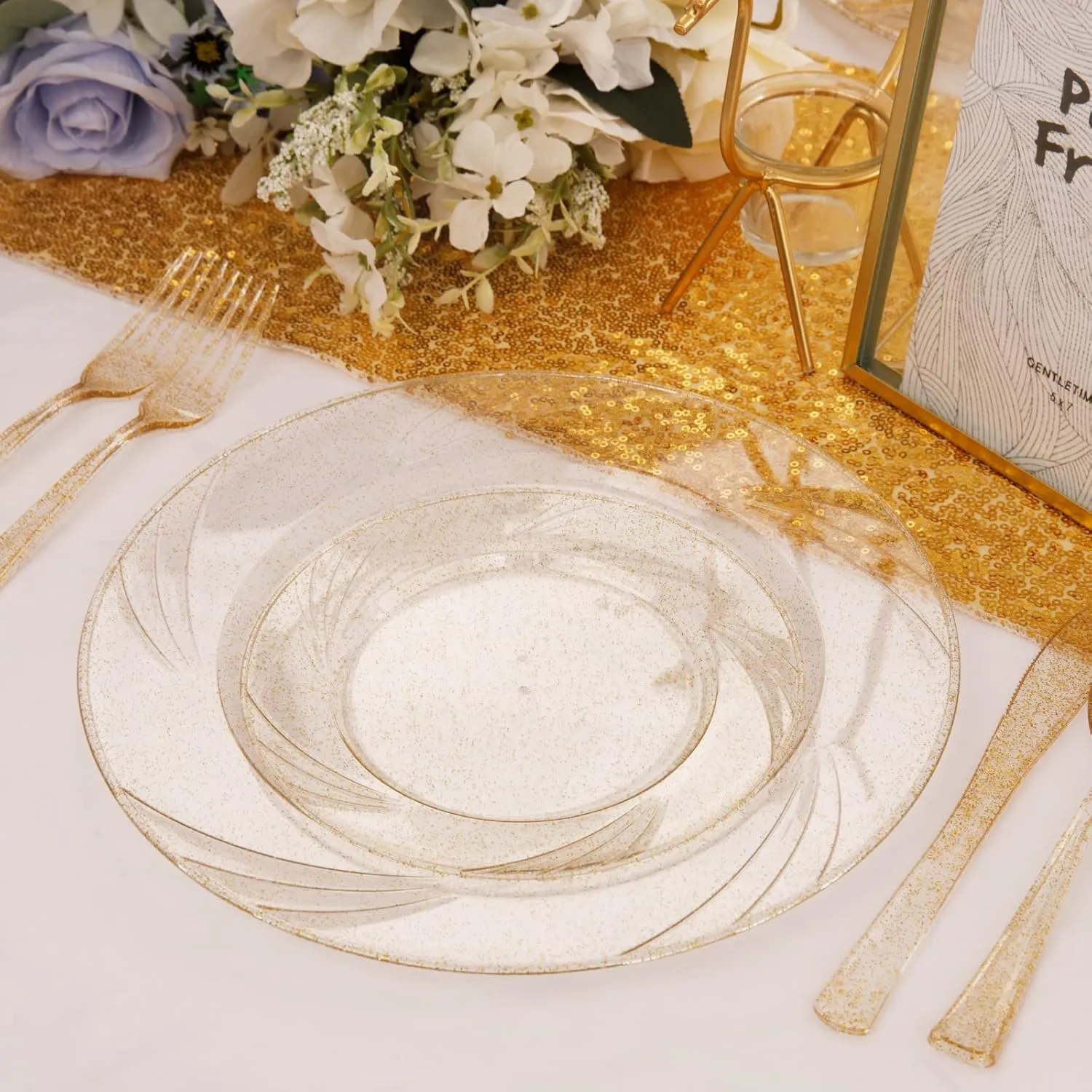 WDF 150pcs Gold Glitter Plastic Plates with Gold Plastic Silverware - Gold Glitter Plates include 25 Dinner Plates,25 Salad Plates,25 Forks, 25 Knives, 25 Spoons,10oz Plastic Cups for Wedding, Party