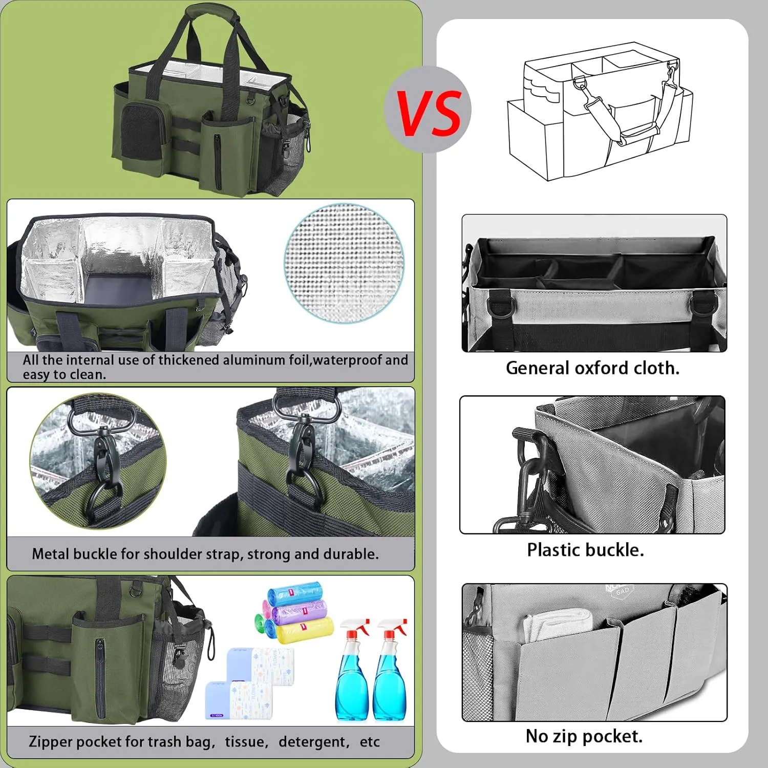 Wearable Cleaning Caddy Bag, Cleaning Organizer with Handles, Cleaning Supply Tote with Adjustable Shoulder Strap for Cleaners & Housekeeper (Green, 13.4'' x 7.3'' x 9.3'')