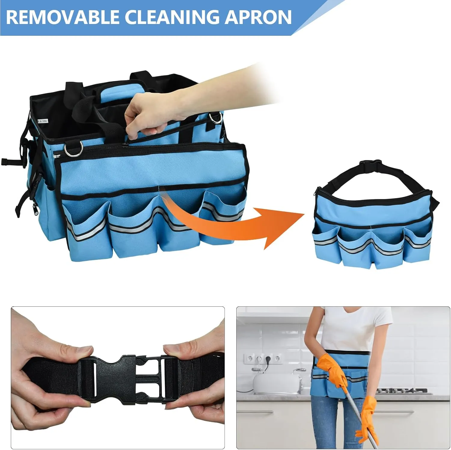 Wearable Cleaning Caddy Bag with Removable Apron, Large Cleaning Caddy Supplies Organizer Soft Handle, Shoulder Straps, 4 Detachable Divide for Car, Home, Housekeeping