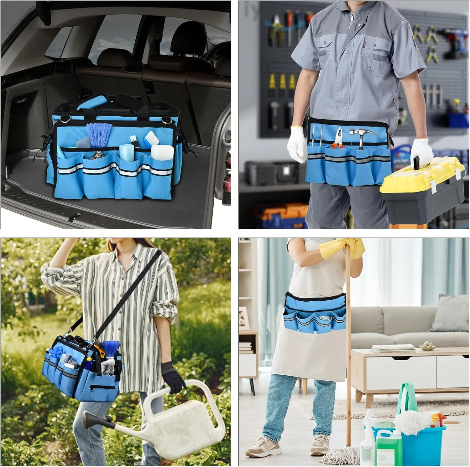 Wearable Cleaning Caddy Bag with Removable Apron, Large Cleaning Caddy Supplies Organizer Soft Handle, Shoulder Straps, 4 Detachable Divide for Car, Home, Housekeeping