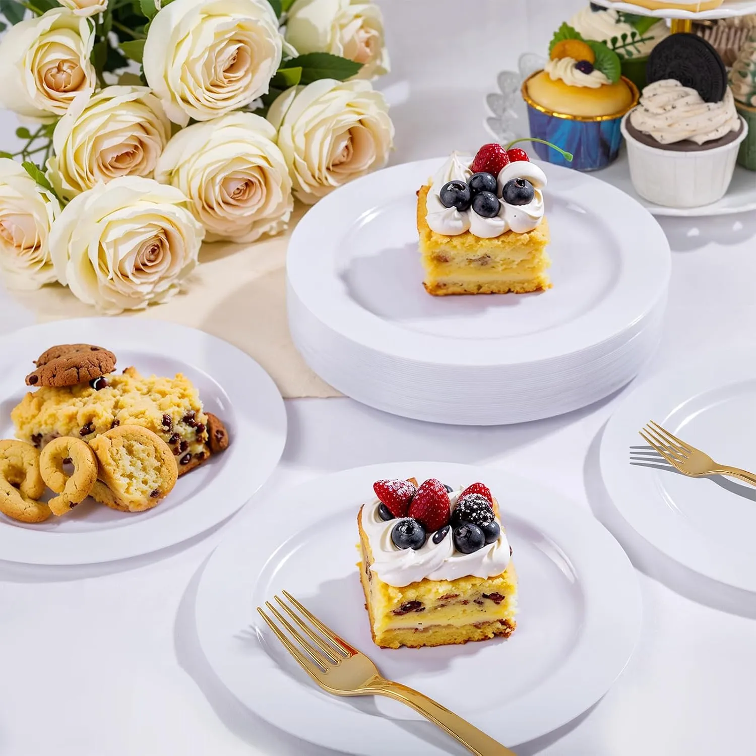 WELLIFE 100PCS White Plastic Dessert Plates and 100PCS Gold Disposable Forks, Premium Hard Dessert Plate 7.5”, Appetizer Plastic Plates for Party and Wedding