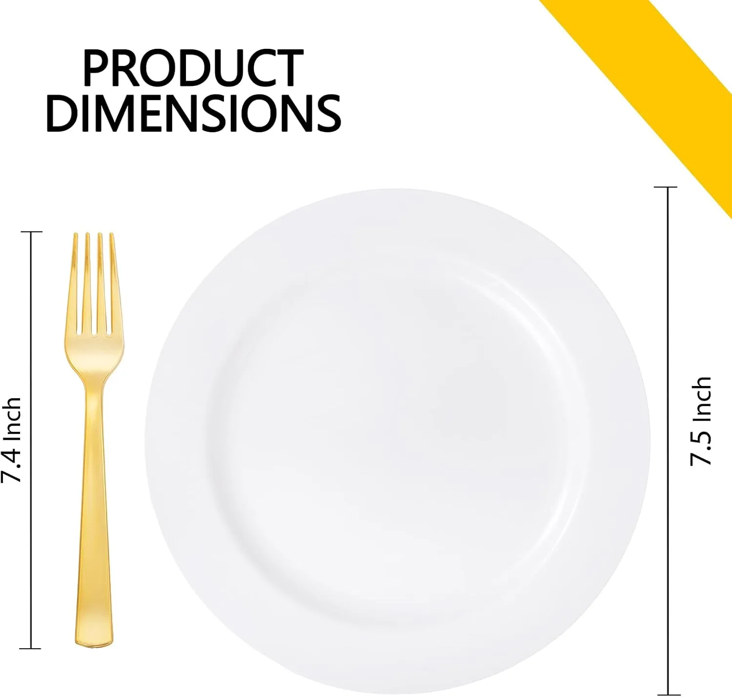 WELLIFE 100PCS White Plastic Dessert Plates and 100PCS Gold Disposable Forks, Premium Hard Dessert Plate 7.5”, Appetizer Plastic Plates for Party and Wedding