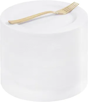 WELLIFE 100PCS White Plastic Dessert Plates and 100PCS Gold Disposable Forks, Premium Hard Dessert Plate 7.5”, Appetizer Plastic Plates for Party and Wedding