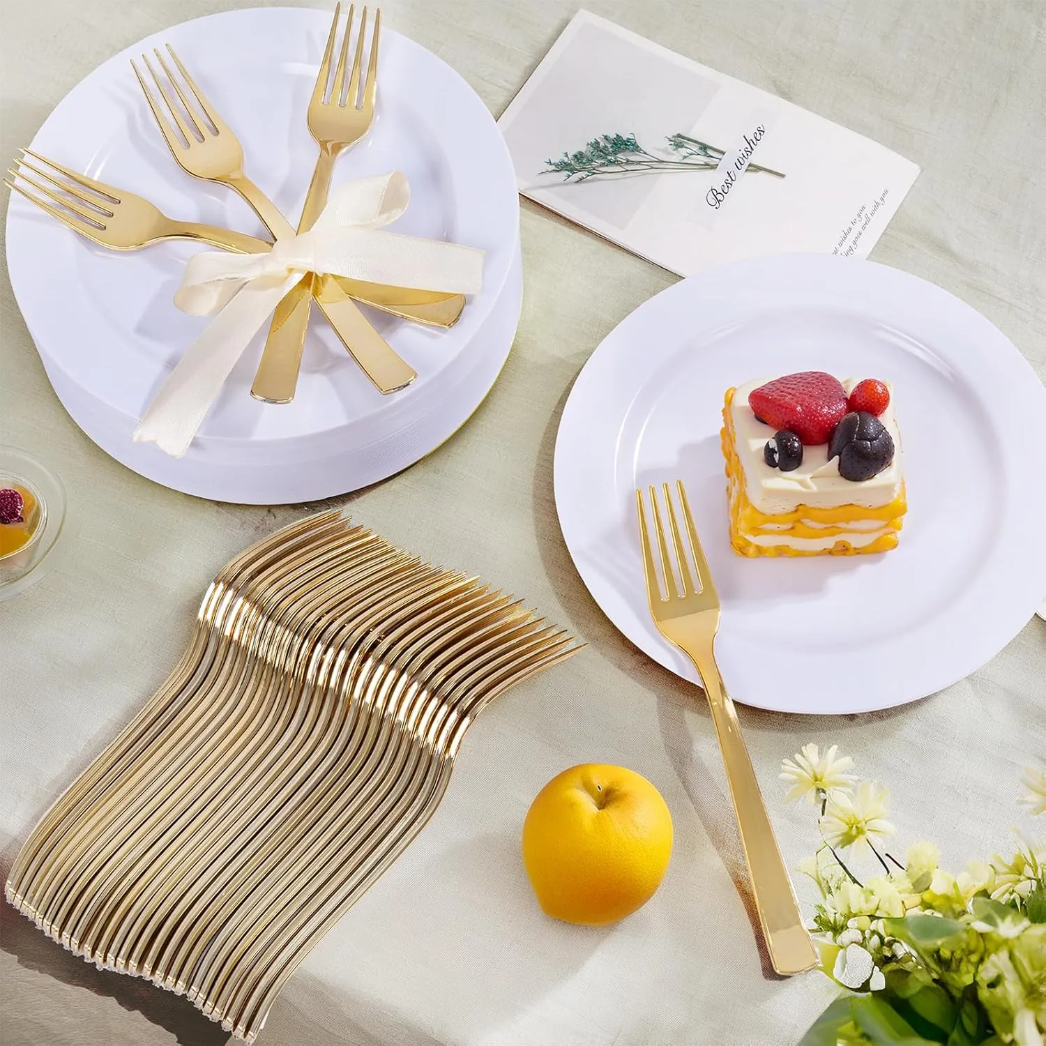 WELLIFE 100PCS White Plastic Dessert Plates and 100PCS Gold Disposable Forks, Premium Hard Dessert Plate 7.5”, Appetizer Plastic Plates for Party and Wedding