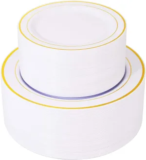 WELLIFE 120PCS Gold Plastic Plates, includes: 60 PCS 10.25 inch Dinner and 30 PCS 7.5 inch Party Plates Disposable,White Party Supplies