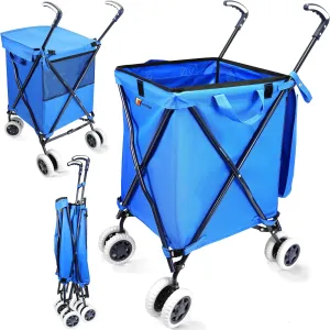 Wellmax WM99100 Series Folding Shopping Cart with Wheels, Grocery Cart with Removable Canvas with Cover, Lightweight Utility Cart for Groceries and Laundry - Holds up to 120 lbs (Blue)