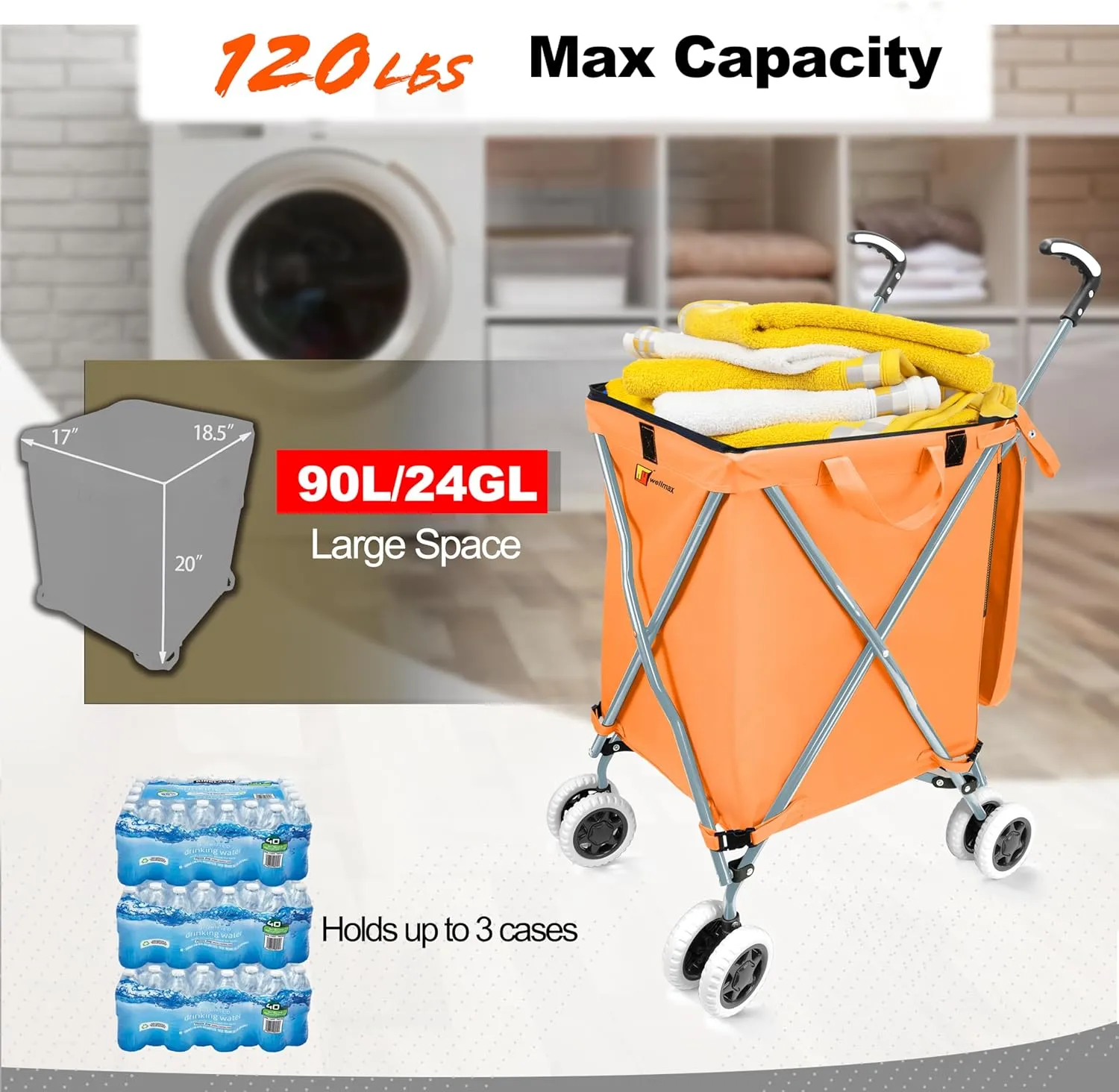 Wellmax WM99100 Series Folding Shopping Cart with Wheels, Grocery Cart with Removable Canvas with Cover, Lightweight Utility Cart for Groceries and Laundry - Holds up to 120 lbs (Orange)