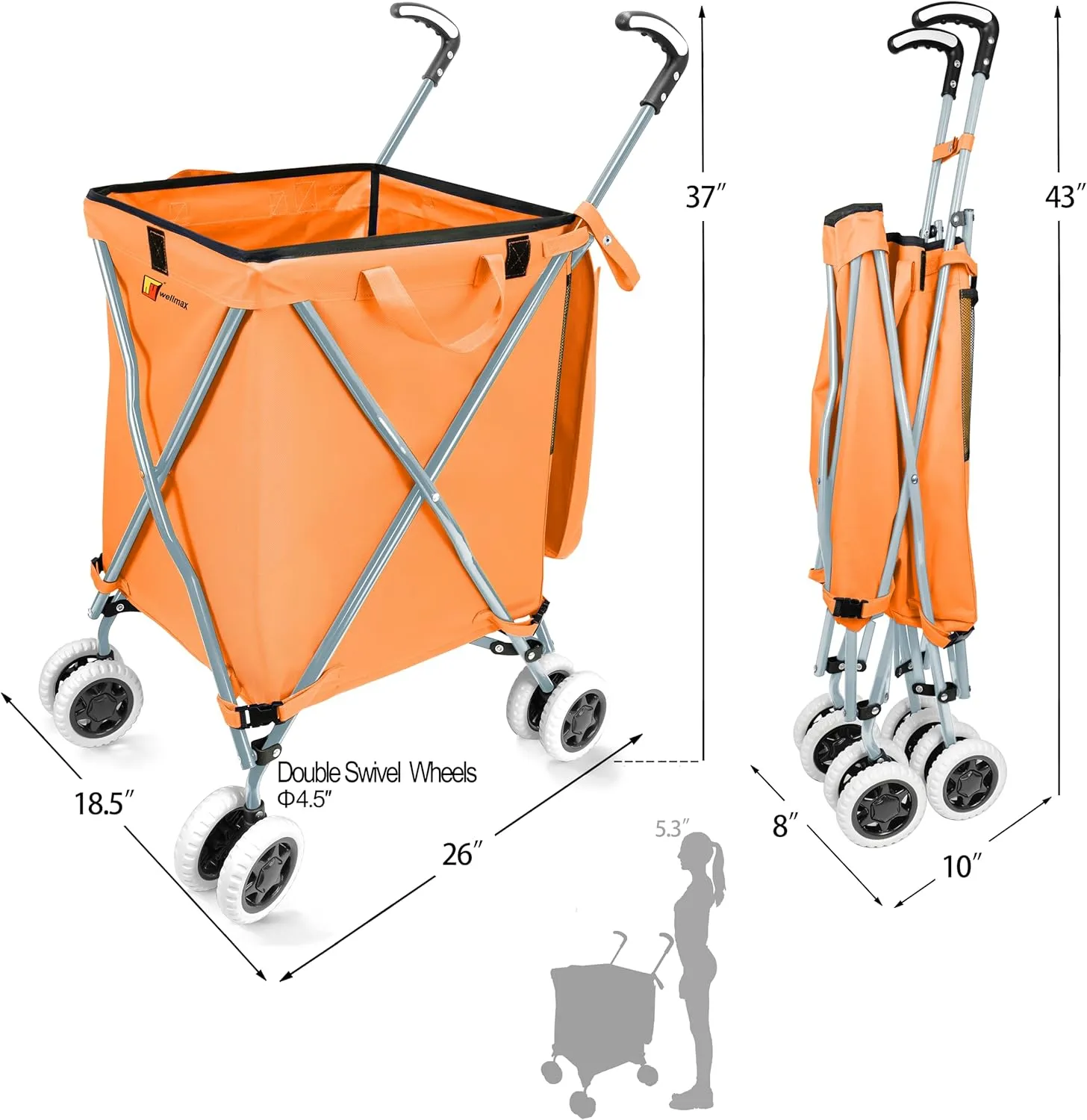 Wellmax WM99100 Series Folding Shopping Cart with Wheels, Grocery Cart with Removable Canvas with Cover, Lightweight Utility Cart for Groceries and Laundry - Holds up to 120 lbs (Orange)