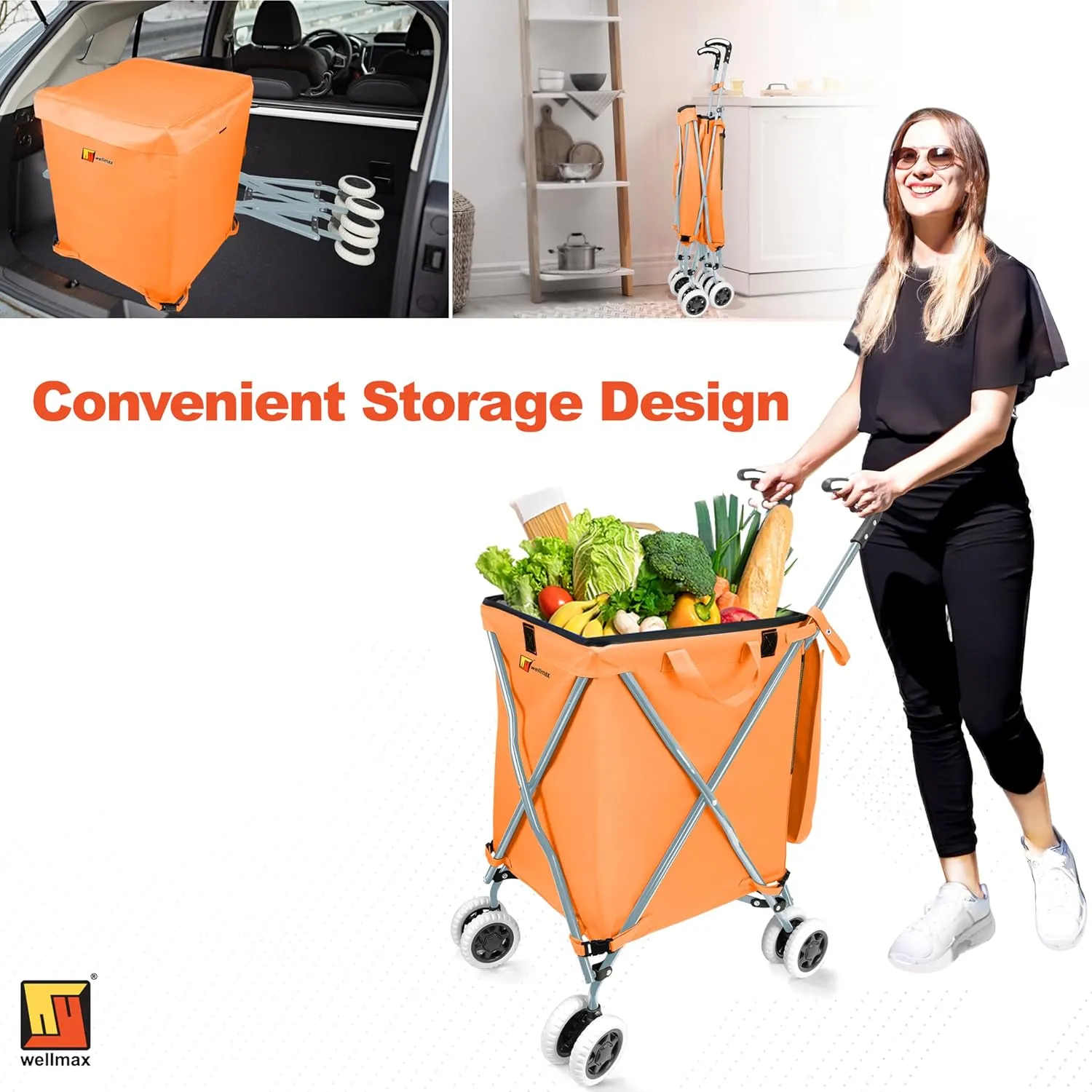 Wellmax WM99100 Series Folding Shopping Cart with Wheels, Grocery Cart with Removable Canvas with Cover, Lightweight Utility Cart for Groceries and Laundry - Holds up to 120 lbs (Orange)