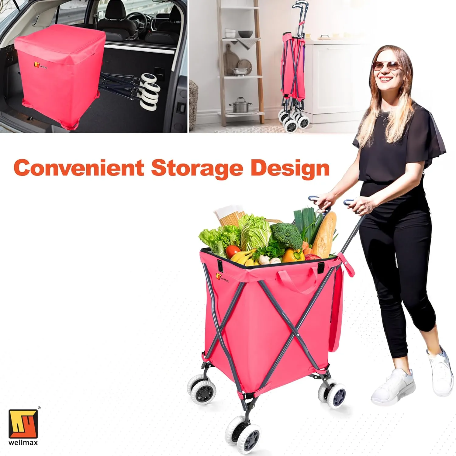 Wellmax WM99100 Series Folding Shopping Cart with Wheels, Grocery Cart with Removable Canvas with Cover, Lightweight Utility Cart for Groceries and Laundry - Holds up to 120 lbs (Pink)