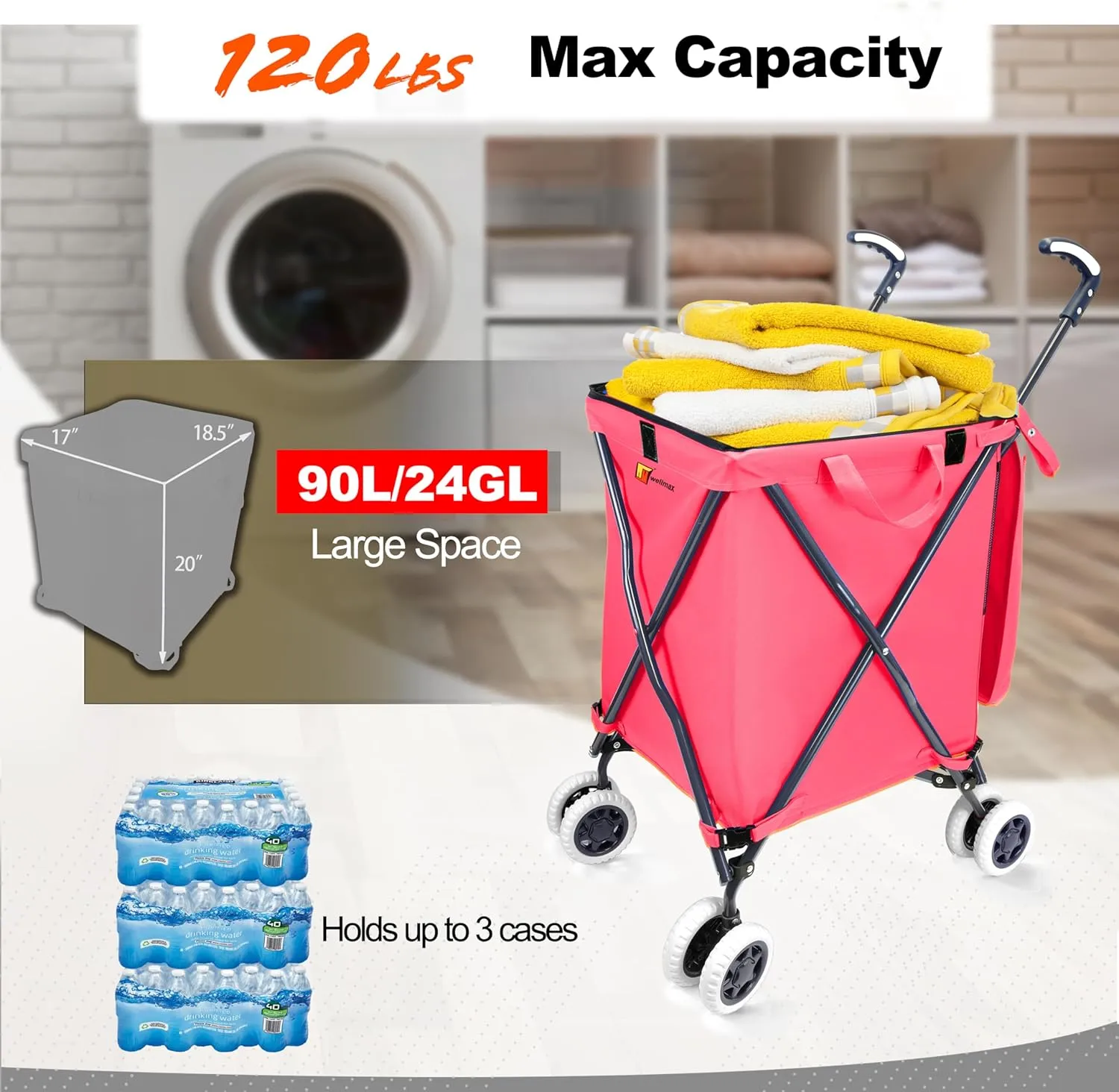 Wellmax WM99100 Series Folding Shopping Cart with Wheels, Grocery Cart with Removable Canvas with Cover, Lightweight Utility Cart for Groceries and Laundry - Holds up to 120 lbs (Pink)